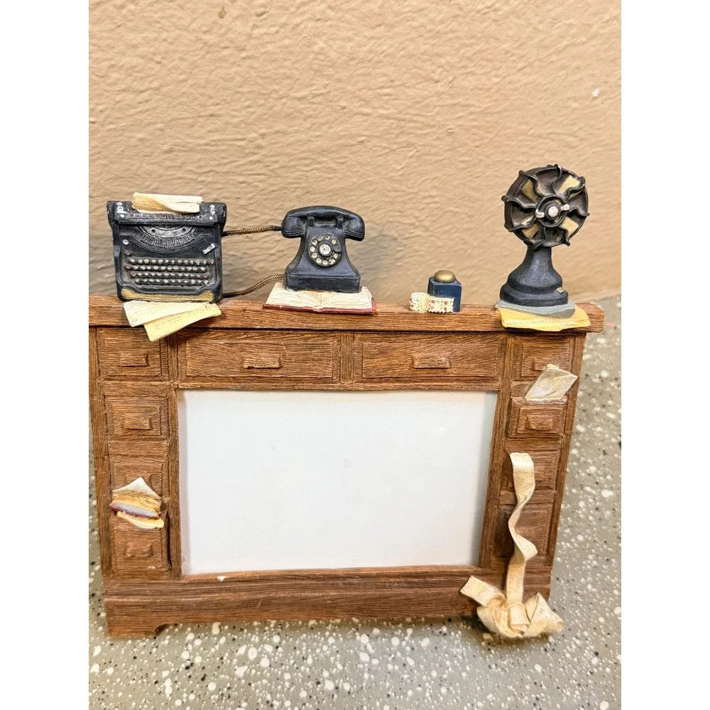 Vintage Style Roll Top Desk Picture Frame Typewriter Rotary Phone 3D Resin 5x3.5